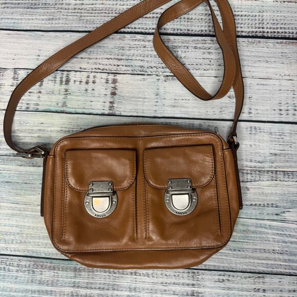 Fossil Brown Leather Crossbody Bag Double Front Pocket Adjustable Strap - Picture 2 of 6